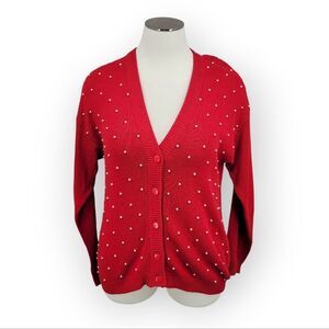 Raoul Vintage Silk Red V-Neck Cardigan Sweater with Pearl Details